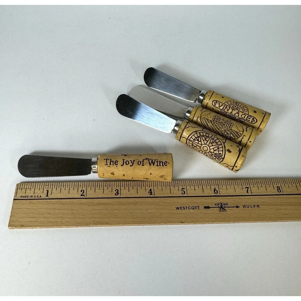 Vtg‎ Cheese/Butter Spreader Resin Wine Cork Set Of 4 Stainless Steel in Box